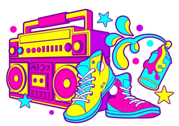 Vector illustration of Vector vibrant 90s design set: boombox, graffiti paint ballon, sneakers, cool casual gumshoes. Isolated elements.