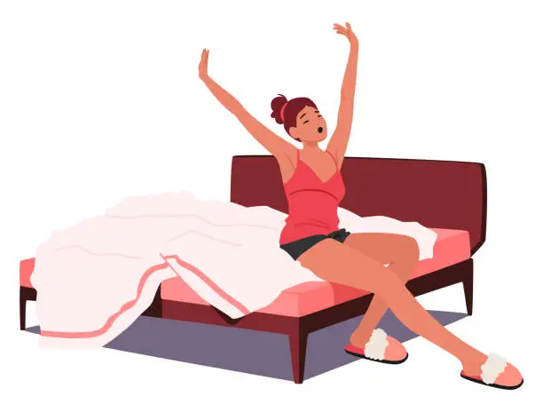 Vector illustration of Woman Character Awakens Gracefully, Extending Her Arms And Legs In A Morning Stretch On Her Bed, Vector Illustration
