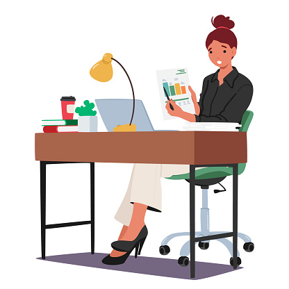 Focused Woman At Office Desk, Diligently Work with Charts, Surrounded By Papers And Devices, Character Illustrating Dedication And Professionalism In Her Work Environment. Cartoon Vector Illustration