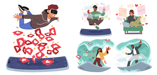 Set of Characters Navigate Digital Waves, Surfing The Internet For Information, Connection, And Entertainment, Riding The Currents Of Websites And Social Platforms. Cartoon People Vector Illustration