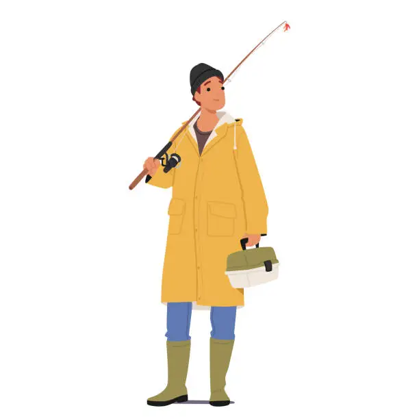 Vector illustration of Fisherman Stands, Rod On Shoulder, Tackle Box In Hand, Ready For A Day By The Water. Anticipation Gleams In His Eyes
