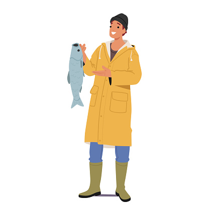 Proud Fisherman Character Displays His Impressive Catch, A Sizable Fish Cradled In His Hands, Showcasing The Rewards Of Patience And Skill In The Art Of Fishing. Cartoon People Vector Illustration