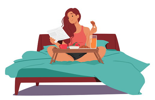 Young Female Character Having Relishing A Leisurely Breakfast In Bed, She Sips Coffee, Savors Bites Of Pastry And Immerses Herself In The Morning Papers, Tranquil Start To Her Day. Vector Illustration