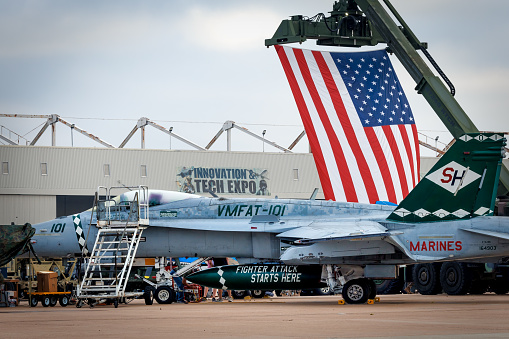 Miramar, California, USA - September 23, 2023: A US Marine Corps F-18 Hornet on display, before the crowds arrive, at America's Airshow 2023.