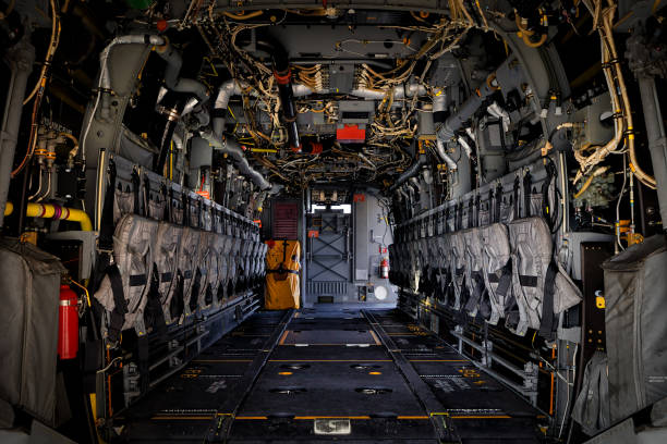 Osprey Interior Miramar, California, USA - September 23, 2023: The interior of a US Navy V-22 Osprey on display at America's Airshow 2023. helicopter seat stock pictures, royalty-free photos & images