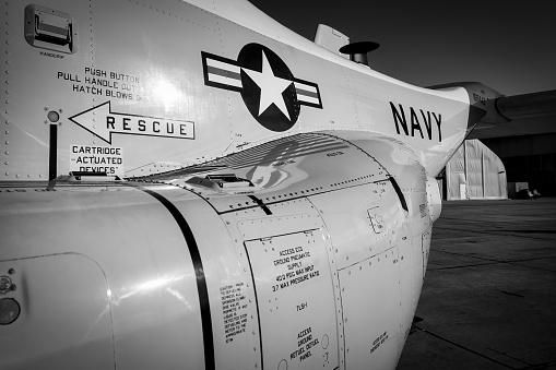 Miramar, California, USA - September 23, 2023: The side view of a US Navy V-22 Osprey on display at America's Airshow 2023.