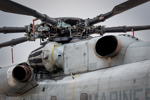 Miramar, California, USA - September 24, 2023: The rotor of a US Marince Corps CH-53 Sea Stallion helicopter on display America's Airshow 2023.