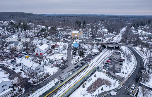 Drone image of South Acton, MA in winter