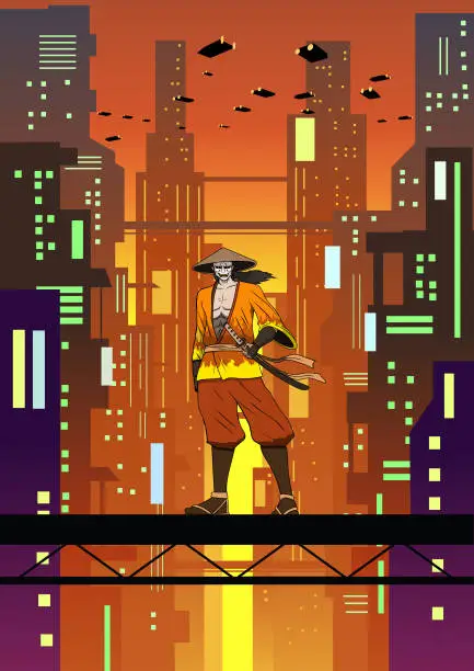 Vector illustration of Vector Anime Samurai in a Future Cyberpunk City Vector Illustration