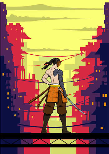 A vector illustration of an anime style samurai with futuristic slum area cyberpunk city in the background. Easy to grab and edit. Wide space available for your text or copy.