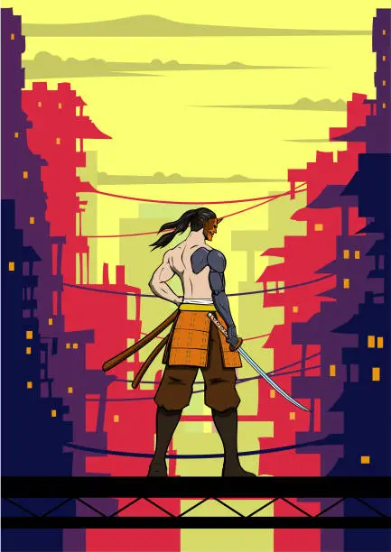 Vector illustration of Vector Anime Samurai in a Future Slum Area Cyberpunk City Vector Illustration