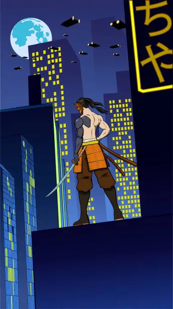 Vector illustration of Vector Anime Cyborg Samurai in a Cyberpunk City Setting Vector Illustration