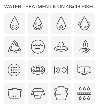 Water treatment, purification and filtration vector icon. Include clean water drop, filter, septic, grease trap and sedimentation storage tank for recycle wastewater by remove sewage, sludge. 48x48 px