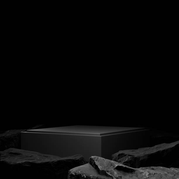 Minimal modern empty cylinder pedestal for product showcase on a blak rocks background stage. Mockup template. 3d illustration