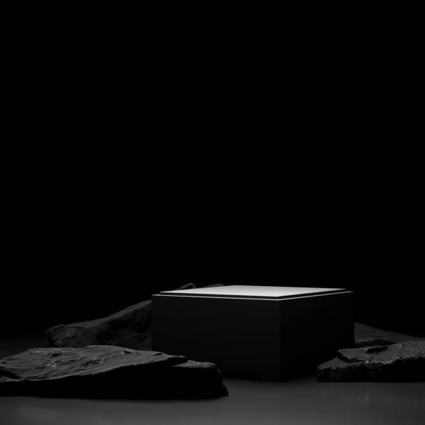 istock Minimal modern empty cylinder pedestal for product showcase on a blak rocks background stage. Mockup template. 3d illustration 1983827086