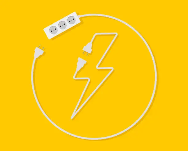 Vector illustration of Electrical extension cord in the form of an electrical sign, lightning. Power strip. Electrical socket with plug.