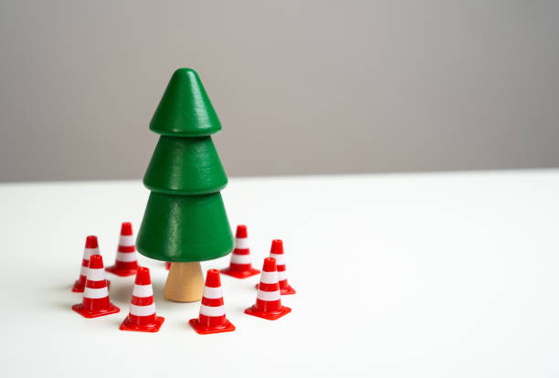 istock A pine tree is surrounded by traffic cones. Preserve forests from deforestation during Christmas and New Year. Switching to artificial trees. Preserving forest. Safety of fairs and New Year's events. 1983863242