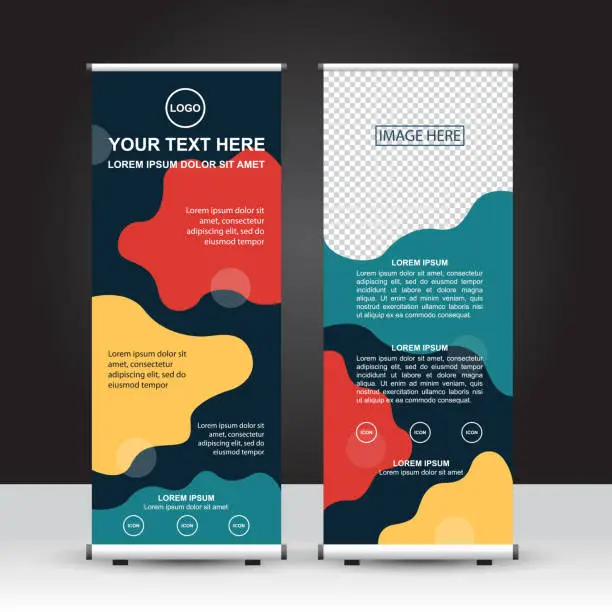 Vector illustration of Dynamic abstract style Roll Up Banner template for advertisement and display with dark greenish blue background