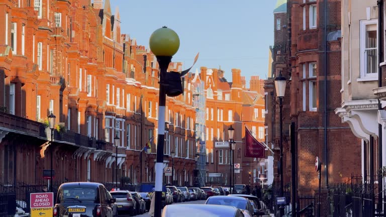 Traditional English architecture, Old Houses in Europe, Close-up of Row of typical English terraced brick houses, Autumn, Houses to rent in central London