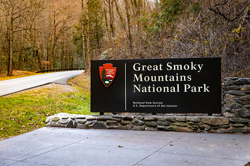 Great Smoky Mountains National Park entrance sign in Tennessee