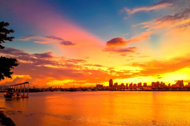 Tamsui River through Taipei City at sunset.