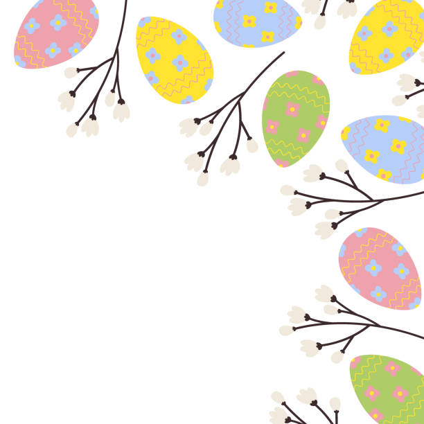 부활절 달걀과 봄 꽃이 만발한 나뭇 가지의 활기찬 모서리 프레임 테두리. 공간을 복사합니다. 부활절 인사말 - easter vector corner nature stock illustrations