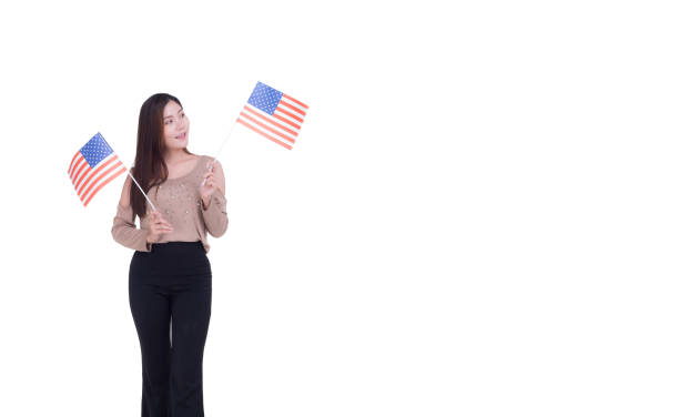 istock Young woman stand holding China flag with white background. Space for Text 1984065152