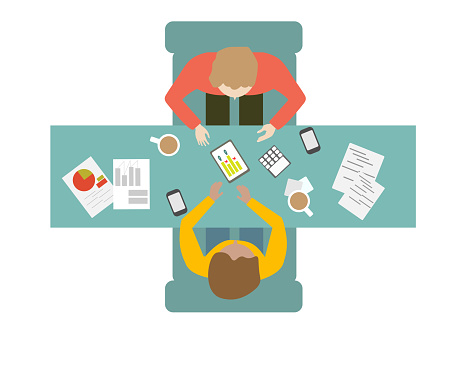 Meeting in office for grow up business with colleague and team members. Business people analytics and monitoring marketing report chart dashboard. flat vector illustration.