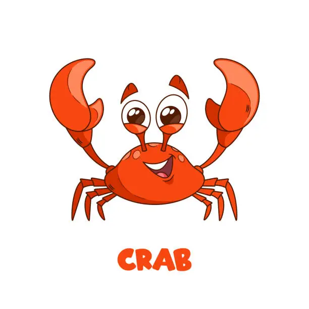 Vector illustration of Cartoon Vector Crab Character With Vibrant Hues, Expressive Googly Eyes, And Comically Oversized Claws Aquatic Personage