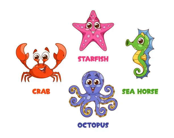 Vector illustration of Adorable Cartoon Marine Characters. Cute Crab, Funny Starfish, Charming Seahorse, And Playful Octopus Personages