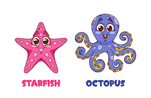 Cheerful Cartoon Starfish With A Vibrant Pink Hue, Spreading Positivity. Playful Octopus Companion, Sporting A Mischievous Grin And Numerous Tentacles, Ready For Underwater Wonderland Adventures