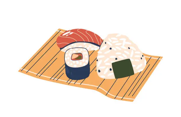 Vector illustration of Sushi, Sashimi and Roll Feature Expertly Sliced Raw Fish, Vibrant Vegetables, And Seasoned Rice, Artfully Combined