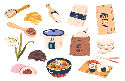 Rice Themed Icons Set, Featuring Delicate Grains, Rice Cooker, And Traditional Chopsticks, Celebrating The Cultural Significance And Culinary Essence Of This Staple Food. Cartoon Vector Illustration