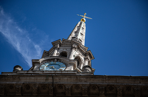 Spire of St Martin-in-the-Fields at the north-east corner of Trafalgar Square in the City of Westminster, London.