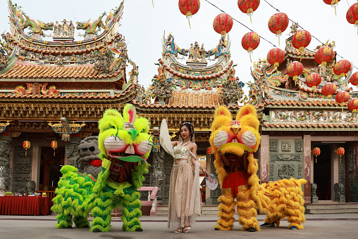 Chinese New Year celebration with lion dance show,Chinese traditional lion dance costume performing at a temple in China