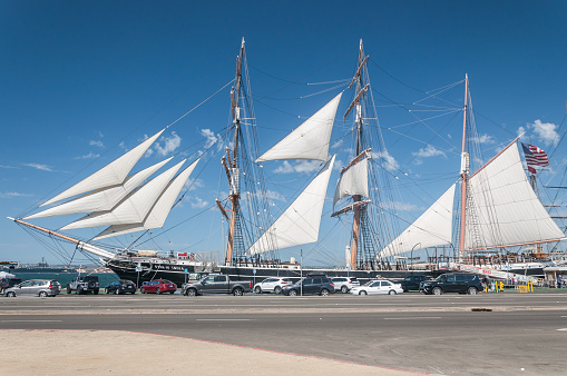 San Diego, California, USA – August 16, 2023. Star of India, the world’s oldest active sailing ship, at Maritime Museum, San Diego bay.