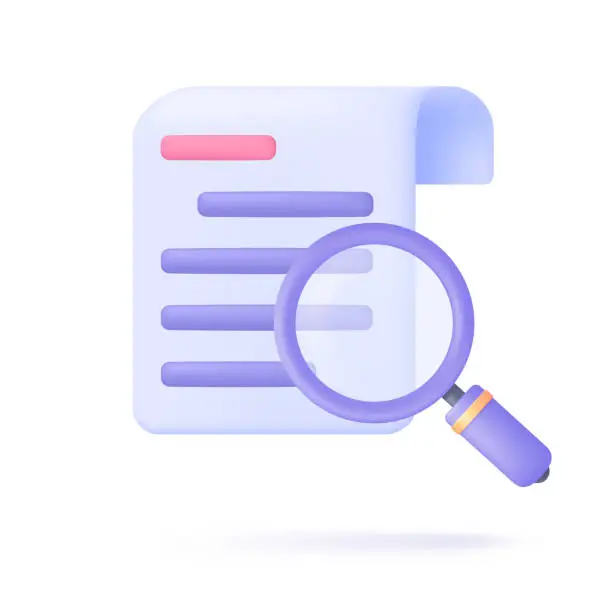 Vector illustration of Magnifying glass examining financial document slips. 3D vector illustration.