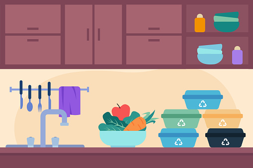 Kitchen with bowl of vegetables and containers with recycling sign. Vector illustration. Mandatory composting of food waste, ecology concept
