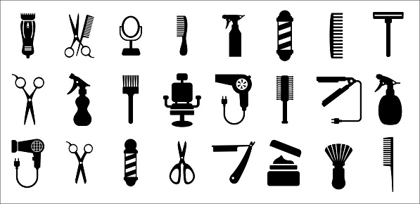 Barbershop utensils icon set. Hair salon icons, Hairstylist vector icons set. Contain symbol of clipper, barber pole, comb, razor blade, chair, sprayer, pomade, hair dryer, brush, and more.