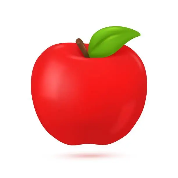 Vector illustration of 3D red apple fruit. Apple fruit for vegetarians. Helps reduce weight Elements for learning education. 3D vector Illustration.