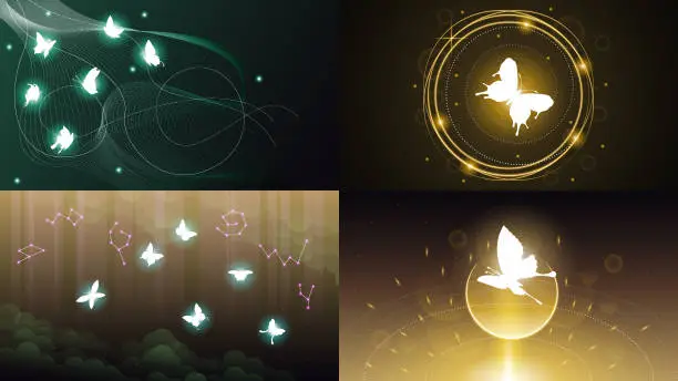 Vector illustration of Set Abstract Collection Dark Background With Butterflies Insects Glow Light Shine Flashes Vector Design Style