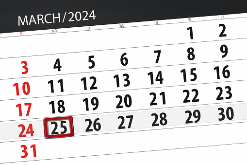Calendar 2024, deadline, day, month, page, organizer, date, March, monday, number 25.
