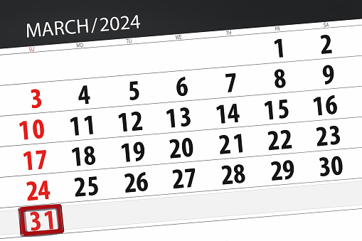 Calendar 2024, deadline, day, month, page, organizer, date, March, sunday, number 31.