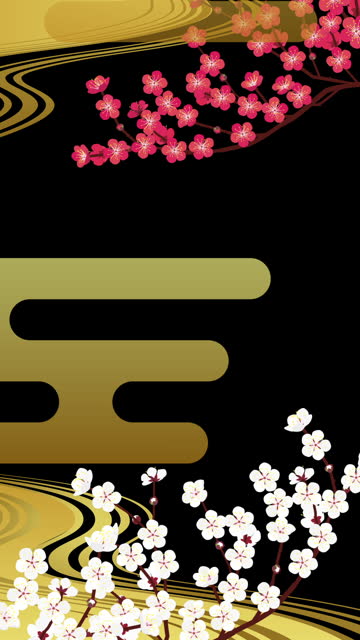 Japanese style background. Smartphone vertical illustration video of red plum, white plum and haze golden background