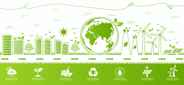 World environment and sustainable development concept with ecology doodle icons in gear, vector environment, eco friendly, green technology and ecology symbols. isolated vector in flat style