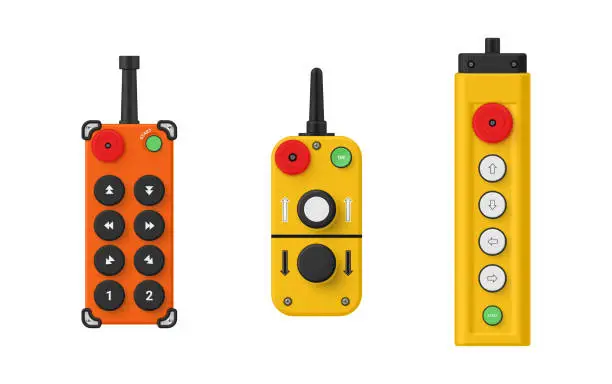 Vector illustration of Crane remote control console with buttons orange yellow electric device set realistic vector