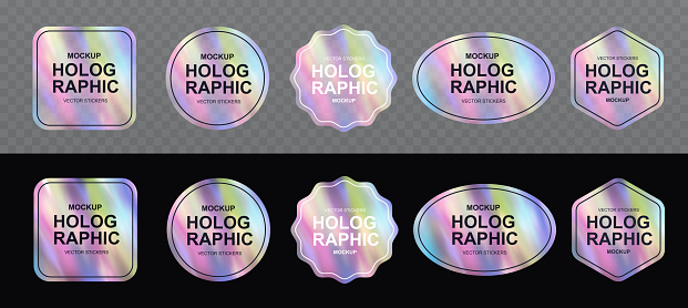 Holographic iridescent stickers. Retro futuristic rainbow labels of different shapes on transparent and black background.