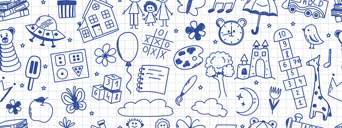 Seamless pattern with daycare doodle. Book, hopscotch, toys, flower, umbrella, house, clock and other elements. Scribbled with chalk texture