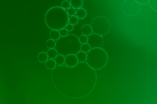 Oil and water droplets bubbles pattern background with green light effect background.