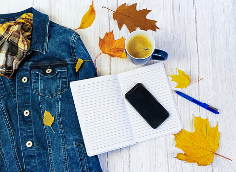 Opened white lined notebook with a blue ballpoint pen on it, top view, light wooden background, horizontal, a blue denim jacket, a filled blue and white coffee mug and foliage